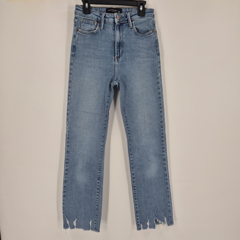 Just Black Denim Womens High Rise Straight Leg Distressed Raw Hem Jean 26 BP328J